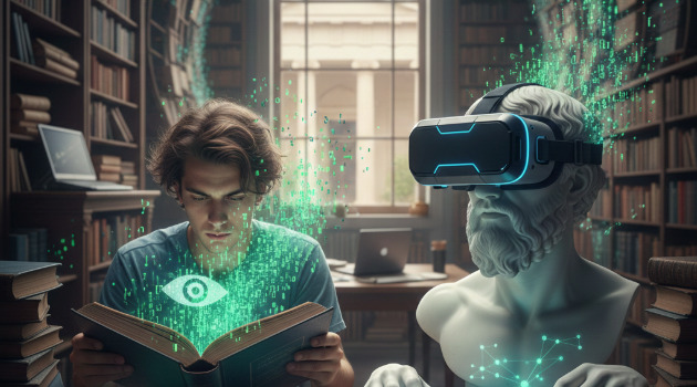 A student and AI figure study together in a library filled with glowing green digital elements