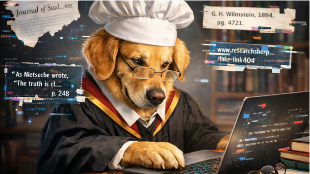 Golden retriever at a laptop surrounded by fake citations