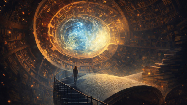 A figure stands at the threshold of an immense spiral library, light streaming through ancient texts